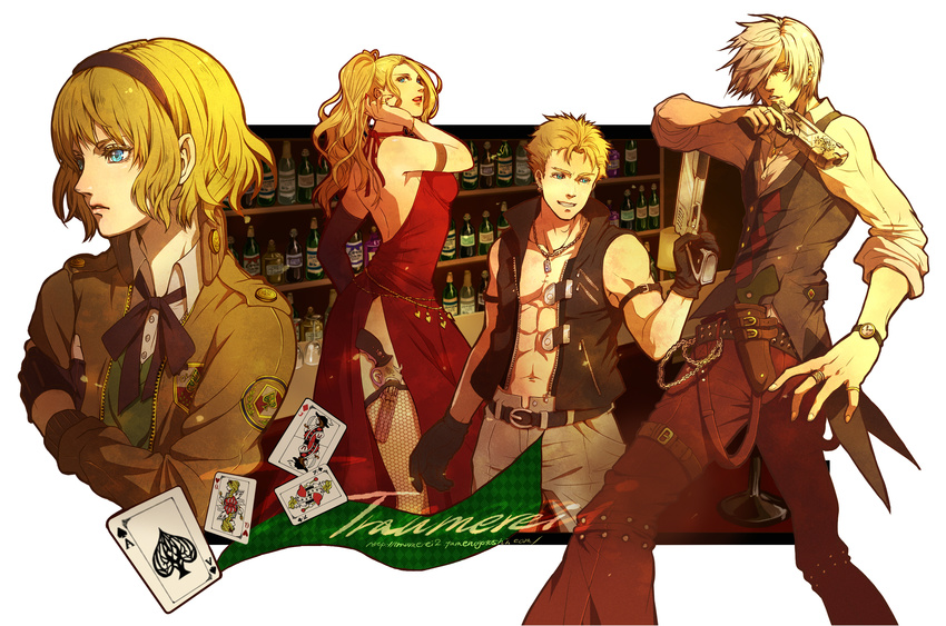 2girls absurdres alcohol armband bad_id bad_pixiv_id belt blonde_hair blue_eyes bottle bracelet card dress earrings falling_card fingerless_gloves gloves gun headband highres holster jacket jewelry lips lipstick long_hair makeup multiple_boys multiple_girls muscle nail_polish necklace original red_dress red_eyes red_lipstick ribbon ring senano-yu short_hair thighhighs weapon