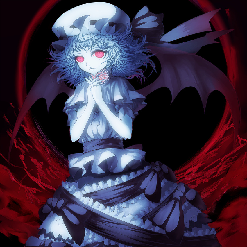 adapted_costume bad_id bad_pixiv_id bat_wings dark glowing hands_clasped hat highres kansou_samehada own_hands_together pink_eyes remilia_scarlet short_hair solo touhou wings