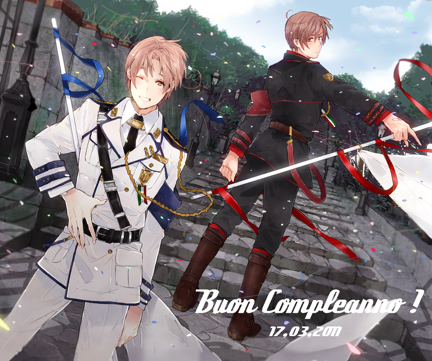 ahoge aiguillette armband axis_powers_hetalia bad_id bad_pixiv_id badge bandaid bangs belt birthday blush boots brothers brown_eyes brown_hair confetti day flag grin italian looking_back military military_uniform multiple_boys northern_italy_(hetalia) one_eye_closed outstretched_arm pants parted_bangs pole ribbon sam_browne_belt scenery shoulder_belt siblings side_ahoge simekirikowai sky smile southern_italy_(hetalia) uniform weapon wind