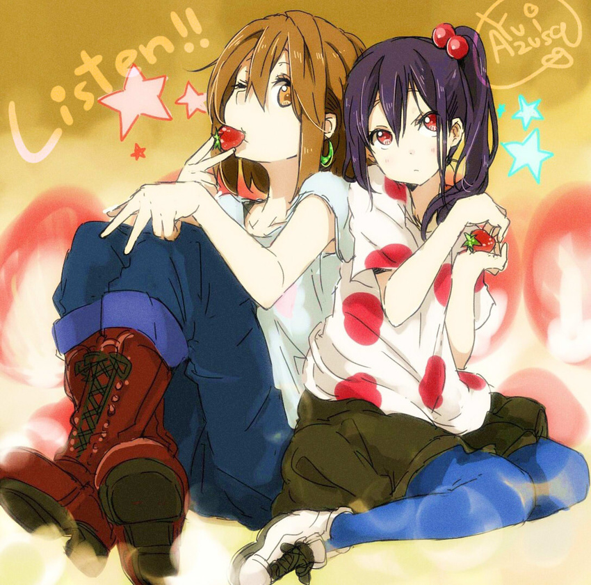 bad_id bad_pixiv_id boots brown_eyes brown_hair earrings food fruit hirasawa_yui holding holding_food holding_fruit jewelry k-on! kirisawa_saki listen!! multiple_girls nakano_azusa one_eye_closed pantyhose purple_eyes red_eyes shoes short_hair sitting sneakers strawberry