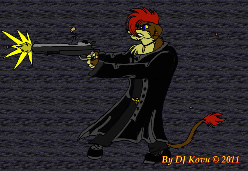 coat darkness feline gun lion male mammal necklace ranged_weapon solo unknown_artist weapon