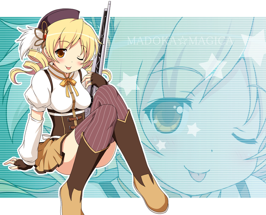 ;p beret blonde_hair detached_sleeves drill_hair fingerless_gloves gloves gun hat magical_girl magical_musket mahou_shoujo_madoka_magica one_eye_closed puffy_sleeves rifle short_hair solo striped striped_legwear thighhighs tomoe_mami tongue tongue_out twintails vertical-striped_legwear vertical_stripes weapon yamasan yellow_eyes zoom_layer