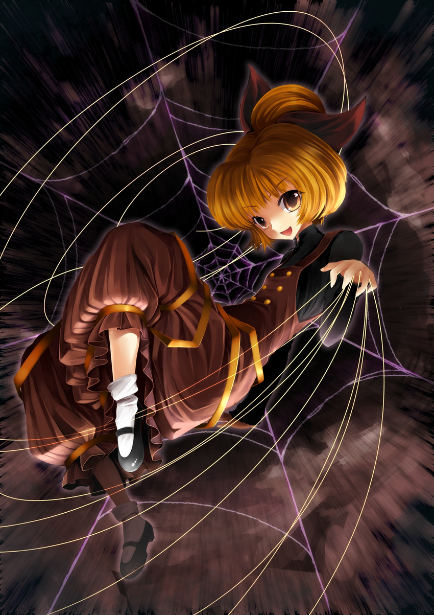 absurdres bad_id bad_pixiv_id blonde_hair bobby_socks bow brown_eyes hair_bow highres kurodani_yamame mary_janes narumizg shoes short_hair silk socks solo spider_web touhou