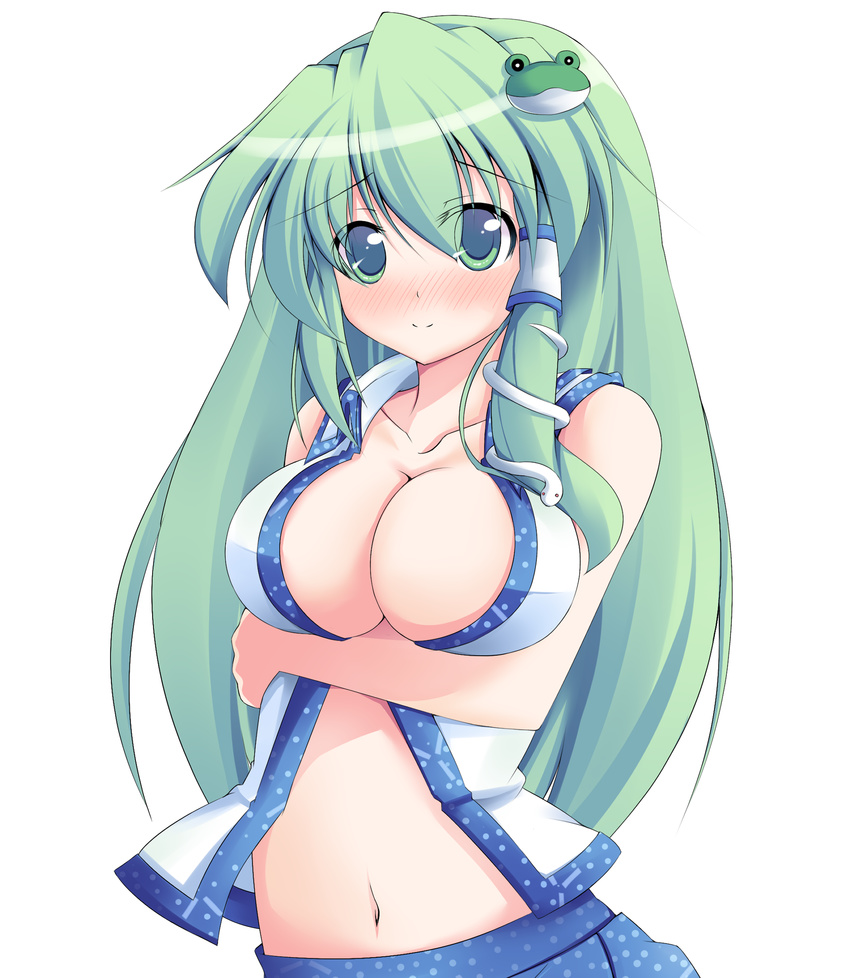 blush breast_hold breasts cleavage collarbone detached_sleeves frog green_eyes green_hair hair_ornament highres kazami_chiu kochiya_sanae large_breasts long_hair navel no_bra open_clothes open_shirt shirt side_slit simple_background skirt smile snake solo touhou upper_body