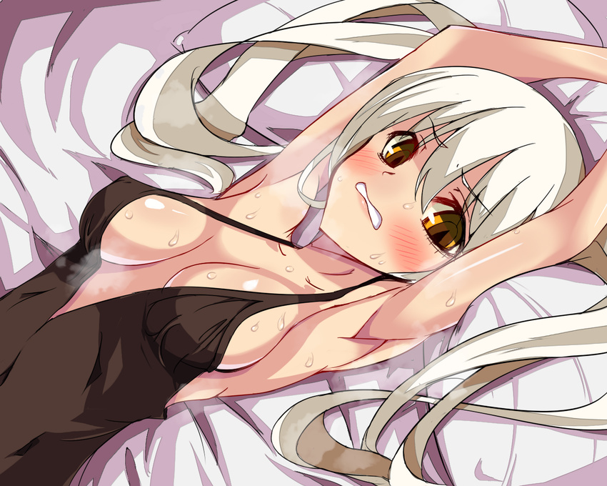 armpits bed breasts copyright_request grey_hair medium_breasts nervous shichuu solo yellow_eyes