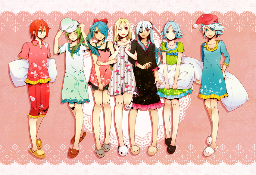 6+boys 7boys afuro_terumi arm_grab blonde_hair blue_eyes blue_hair blush brown_eyes covering crossdress crossdressing eyebrows eyepatch eyes_closed frown fubuki_shirou green_eyes green_hair hair_over_one_eye hat highres inazuma_eleven inazuma_eleven_(series) kazemaru_ichirouta kiyama_hiroto long_hair male male_focus midorikawa_ryuuji multiple_boys open_mouth pajamas pillow ponytail red_eyes red_hair sakuma_jirou short_hair shorts smile standing_on_one_leg suzuno_fuusuke trap white_hair