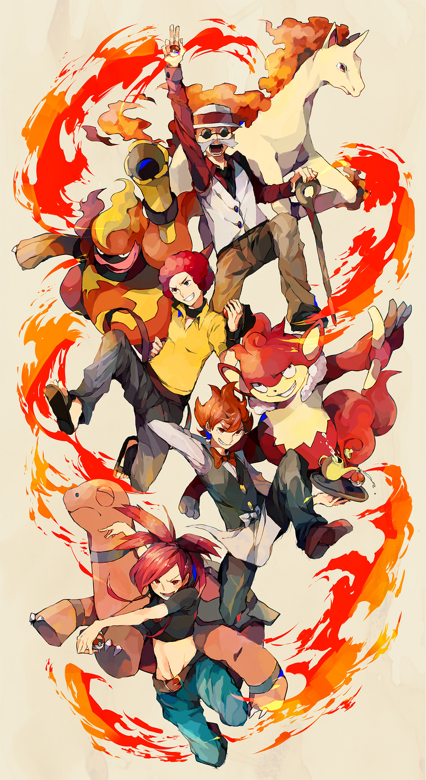 3boys afro apron asuna_(pokemon) belt bow bowtie cane facial_hair fiery_hair fire gen_1_pokemon gen_3_pokemon gen_4_pokemon gen_5_pokemon gym_leader hat highres holding holding_poke_ball katsura_(pokemon) magmortar midriff multiple_boys mustache navel ooba_(pokemon) pod_(pokemon) poke_ball poke_ball_(generic) pokemon pokemon_(creature) pokemon_(game) pokemon_bw pokemon_dppt pokemon_hgss pokemon_rse rapidash red_hair simisear sunglasses teapot torkoal vest yuuichi_(bobobo)