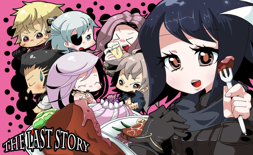 &gt;_&lt; 3girls 4boys alcohol aq_interactive beer black_hair blonde_hair blush brown_hair chibi crsk elza_(the_last_story) eyepatch eyes_closed food fork gloves green_eyes happy jackal_(the_last_story) kanan_(the_last_story) manamia mistwalker multiple_boys multiple_girls nintendo open_mouth quark_(the_last_story) red_eyes red_hair seiren_(the_last_story) silver_hair sweatdrop the_last_story yuris_(the_last_story)