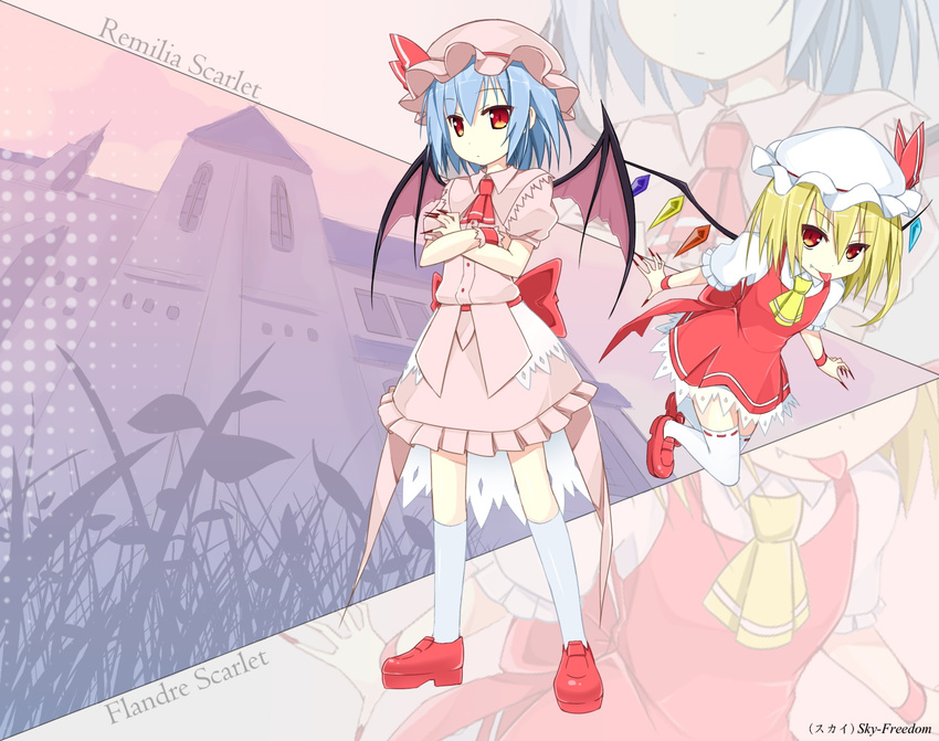 ascot bat_wings blonde_hair blue_hair bow character_name crossed_arms flandre_scarlet hat highres looking_at_viewer multiple_girls red_eyes remilia_scarlet short_hair sky_(freedom) touhou wings zoom_layer