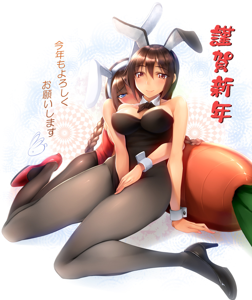 2girls animal_ears bad_id bad_pixiv_id black_pantyhose blue_eyes blush braid breasts brown_hair carrot cleavage high_heels highres hug hug_from_behind large_breasts legs long_hair long_legs multiple_girls original pantyhose photoshop_(medium) playboy_bunny rabbit_ears red_eyes shoes thighs translation_request twin_braids twintails yuki_usagi_(mofurafu)