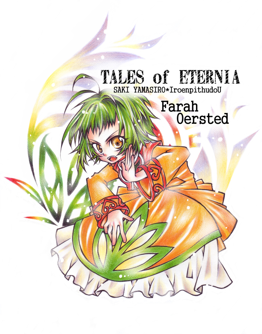 :o absurdres ahoge angry back_bow bad_id bad_pixiv_id bow brown_eyes colored_pencil cropped_jacket dress farah_oersted fighting_stance green_hair highres messy_hair pencil short_hair solo tales_of_(series) tales_of_eternia traditional_media yamashiro_saki