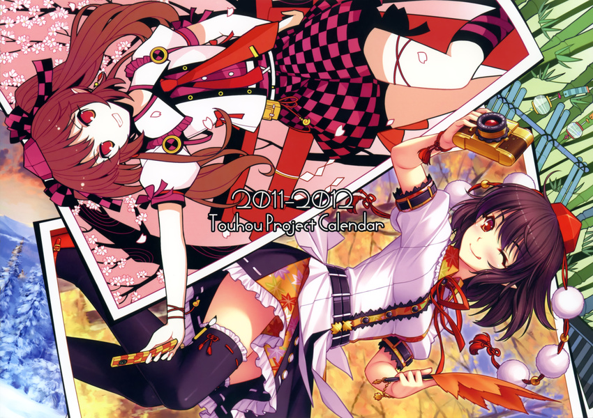 :p absurdres black_hair black_legwear brown_hair camera cellphone cellphone_camera checkered checkered_skirt collaboration fan hat highres himekaidou_hatate ideolo long_hair multiple_girls neck_ribbon necktie one_eye_closed phone pointy_ears red_eyes ribbon rotational_symmetry sayori scan shameimaru_aya short_hair skirt thighhighs tokin_hat tongue tongue_out touhou twintails upside-down