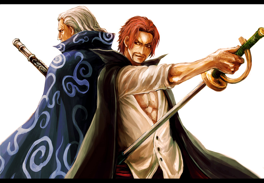 back-to-back bad_id bad_pixiv_id ben_beckman cape facial_hair goatee gun male_focus manly multiple_boys one_piece red_hair scar shanks sword tsuyomaru weapon