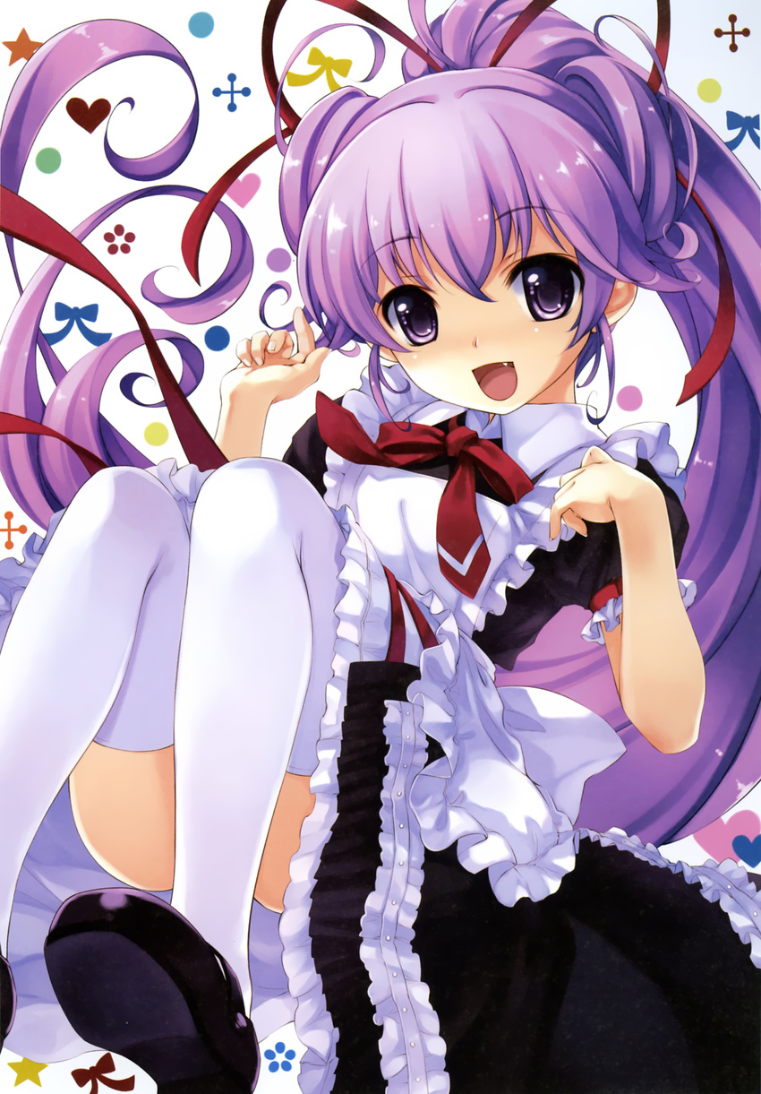 :d absurdres boku_to_kanojo_ni_furu_yoru double_bun fang hair_ribbon highres long_hair maid mary_janes misaki_kurehito nunnally_(boku_to_kanojo_ni_furu_yoru) open_mouth ponytail purple_eyes purple_hair ribbon shoes smile solo thighhighs very_long_hair white_legwear