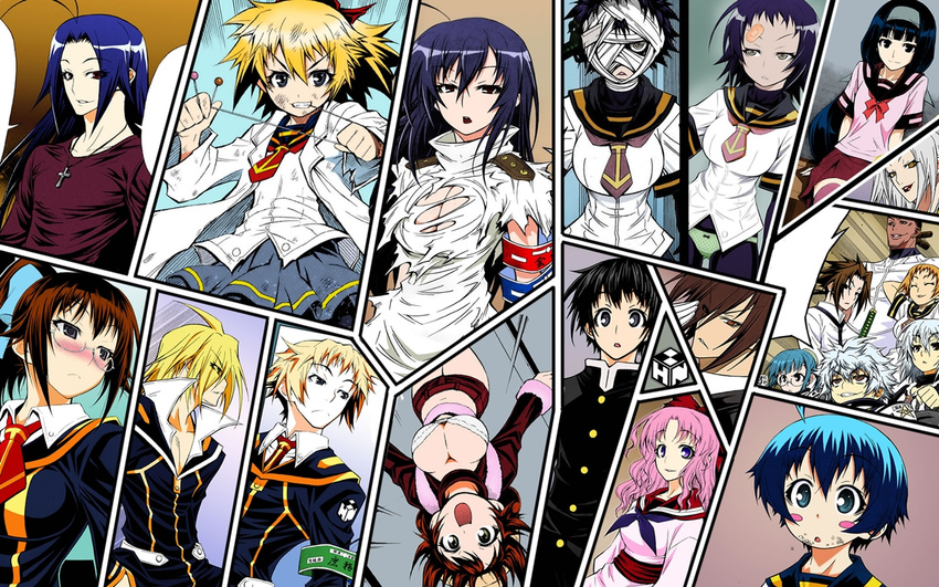 6+boys 6+girls ajimu_najimi akachiho_shigusa akune_kouki bandage bandages bandaid bike_shorts bite biting black_eyes black_hair blonde_hair blue_eyes blue_hair blush bra breasts brown_hair collar cross dark_skin emukae_mukae flat_chest glasses gloves green_eyes green_panties hitoyoshi_hitomi hitoyoshi_zenkichi kikaijima_mogana koga_itami kumagawa_misogi kumogawa_misogi kurokami_kujira kurokami_maguro kurokami_medaka large_breasts lingerie lips lipstick long_hair makeup medaka_box multiple_boys multiple_girls munakata-kei nabeshima_nekomi najimi_ajimu naze_youka necktie onigase_harigane open_mouth panties pink_hair school_uniform shiranui_hansode short_hair silver_hair sitting skirt small_breasts sword takachiho_shigusa teeth thighhighs thighs tie tongue torn_clothes underwear uniform unzen_myouga unzen_myouri weapon