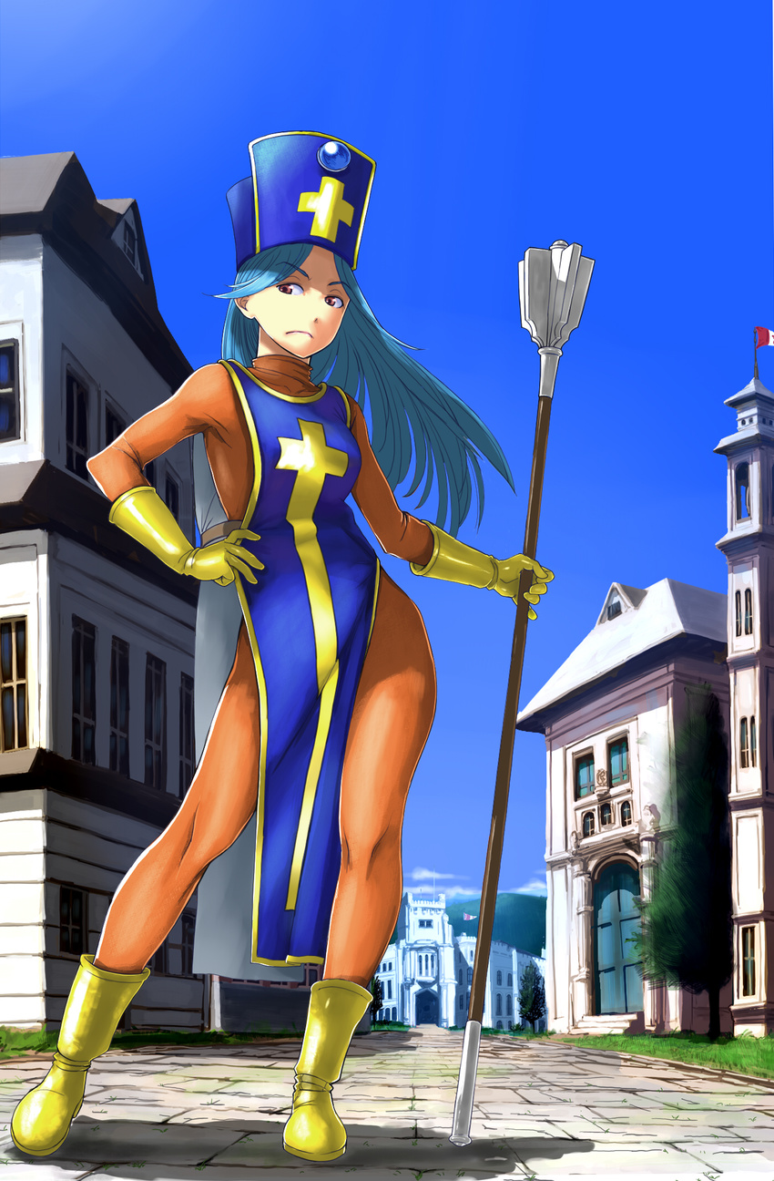 blue_hair bodysuit boots dragon_quest dragon_quest_iii gloves highres long_hair mitre orange_bodysuit priest_(dq3) sett solo staff tabard town twinpoo