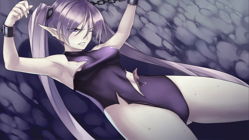 agarest_senki_(series) agarest_senki_2 armpits bdsm bondage bound chain chained cuffs elf game_cg hirano_katsuyuki legs long_hair mervina_(agarest_senki) one_eye_closed pointy_ears solo sweat thighs torn_clothes twintails wince