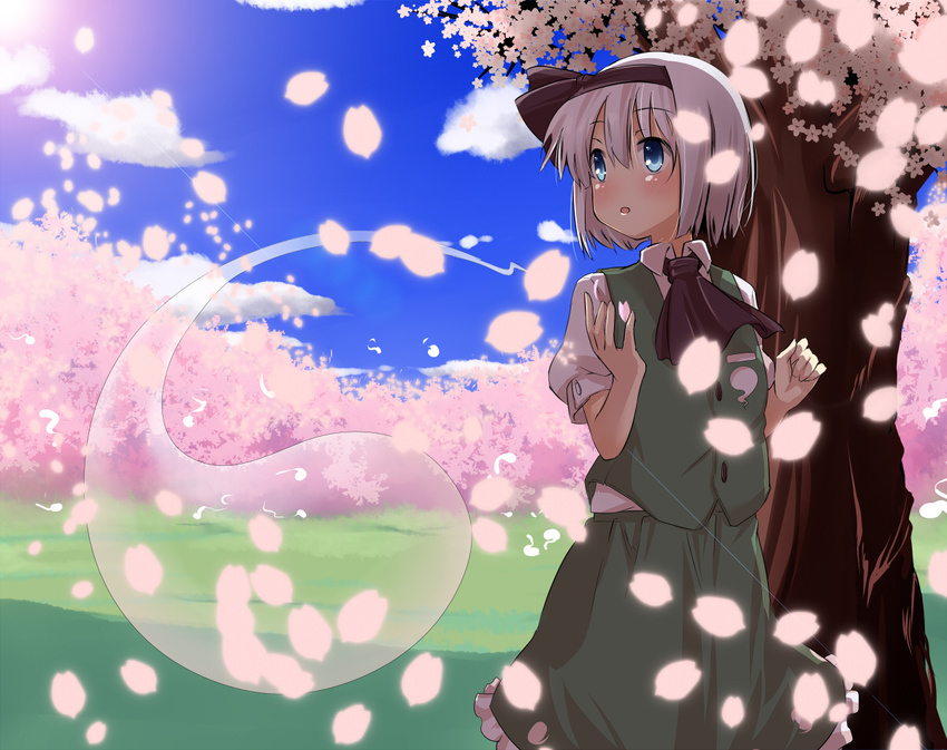 ascot blue_eyes blue_sky cherry_blossoms cloud day dress ghost green_dress hair_ribbon hitodama katanakko_daisuki konpaku_youmu konpaku_youmu_(ghost) revision ribbon silver_hair sky solo touhou tree vest white_hair