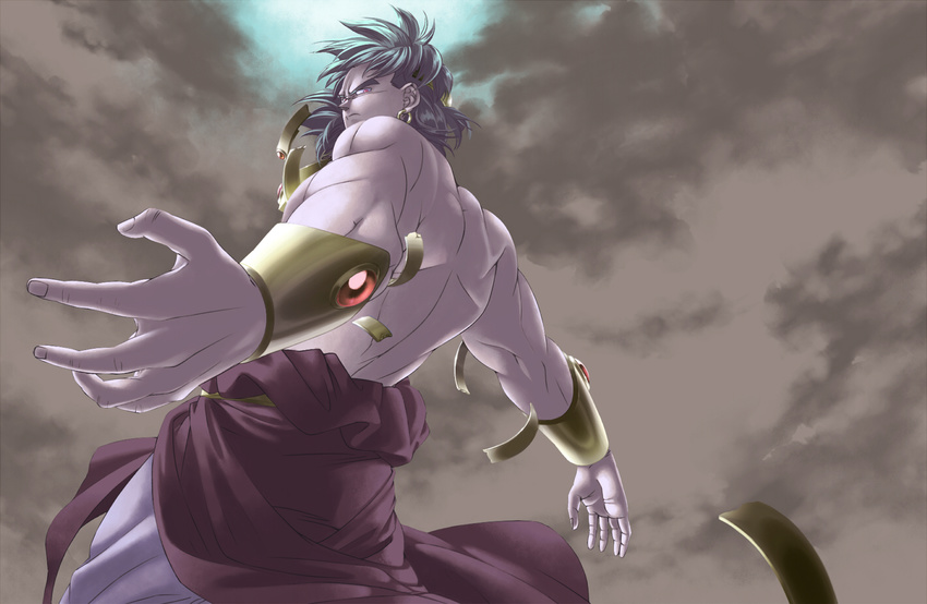broly cloud clouds dragon_ball dragonball_z epic fighting_pose green_hair grey_hair male male_focus manly muscle outdoors red_eyes sky solo