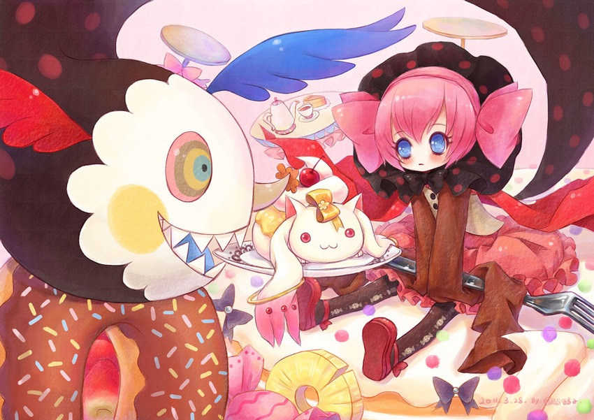 blue_eyes bow cake candy charlotte_(madoka_magica) cup dish doughnut fangs food fork hair_bow kyubey mahou_shoujo_madoka_magica multicolored multicolored_eyes personification pink_hair sanmi_tenten short_hair sleeves_past_wrists tea teacup teapot wings