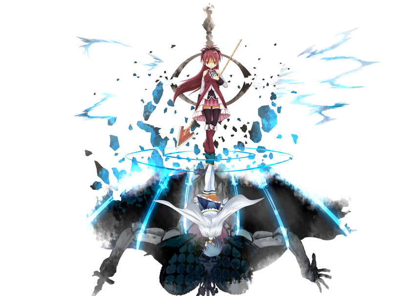 absurdres aps_(alice-momizi) blue_hair cape different_reflection grief_seed highres magical_girl mahou_shoujo_madoka_magica miki_sayaka multiple_girls oktavia_von_seckendorff polearm red_eyes red_hair reflection sakura_kyouko soul_gem spear spoilers sword weapon