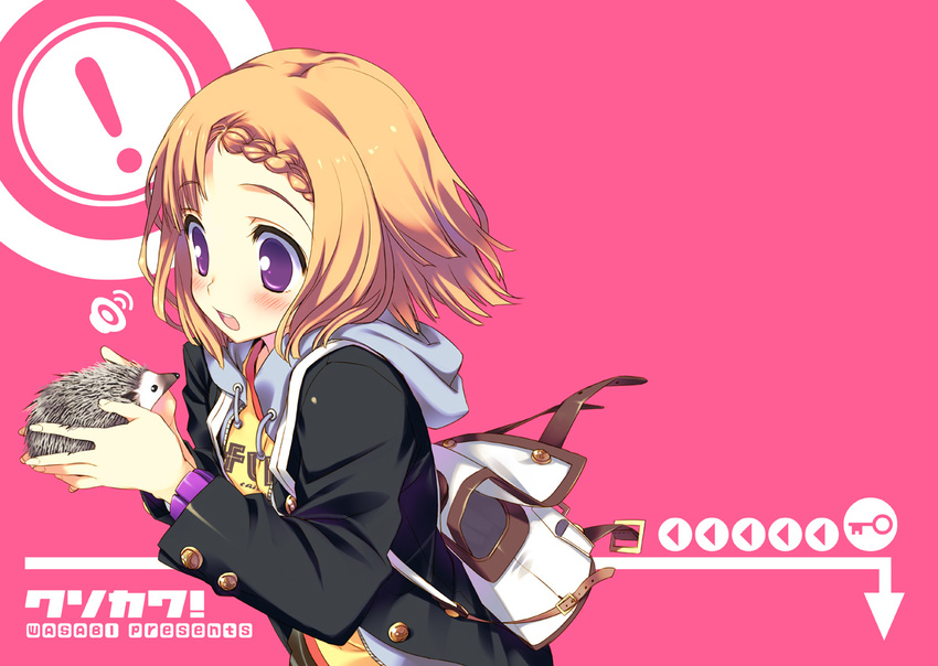 1girl bag blonde_hair blush braid directional_arrow hedgehog hood hood_down hoodie jacket key open_mouth original pink purple_eyes short_hair solo tatami_to_hinoki upper_body