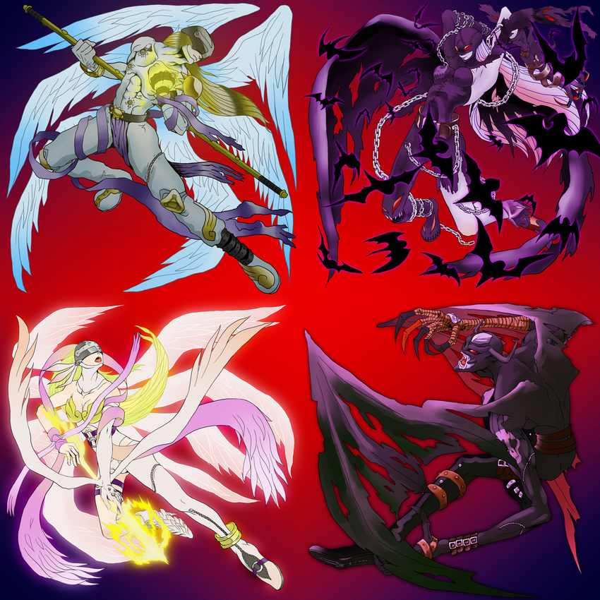 angemon angewomon bare_shoulders blonde_hair breasts chain chains devimon digimon digimon_adventure epic highres ladydevimon long_hair open_mouth teeth tongue wings