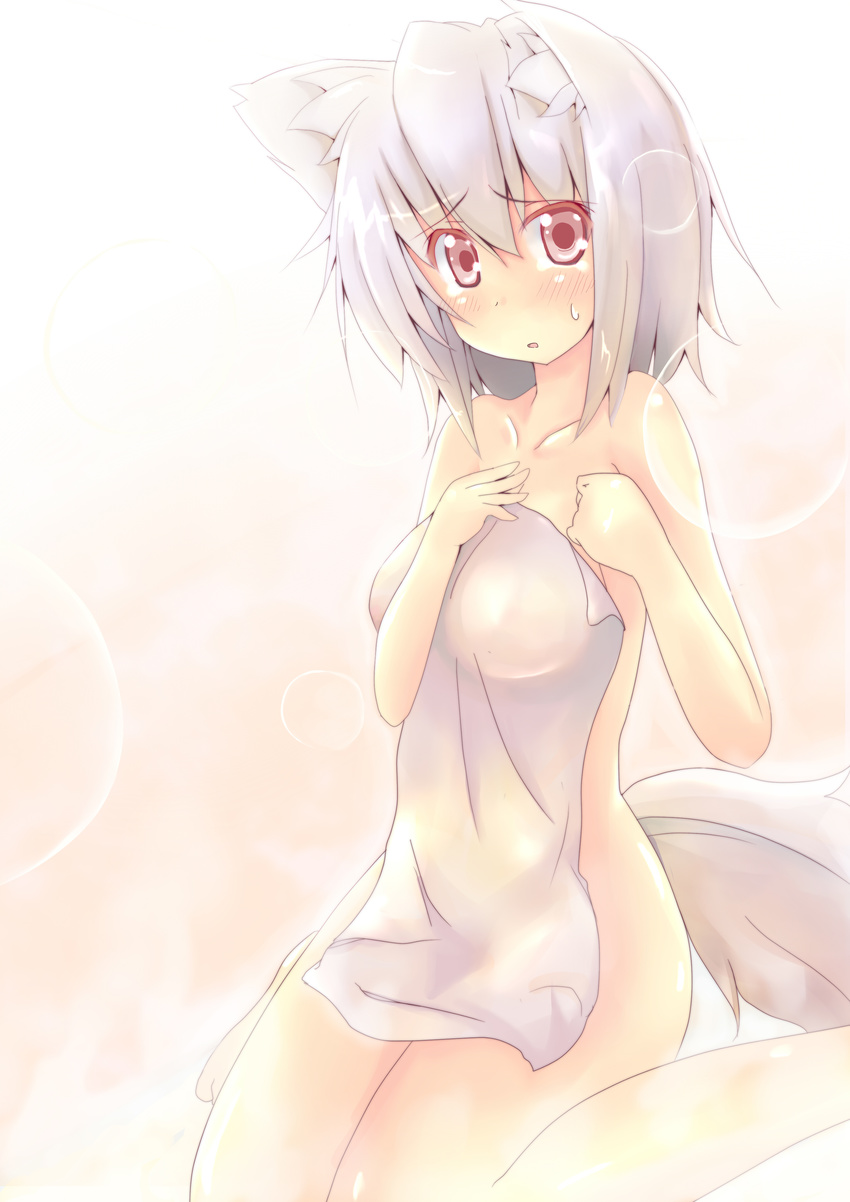 absurdres animal_ears breasts collarbone covering highres inubashiri_momiji md5_mismatch medium_breasts nijou_makoto nude nude_cover red_eyes short_hair silver_hair sitting solo tail touhou towel wariza white_hair wolf_ears wolf_tail
