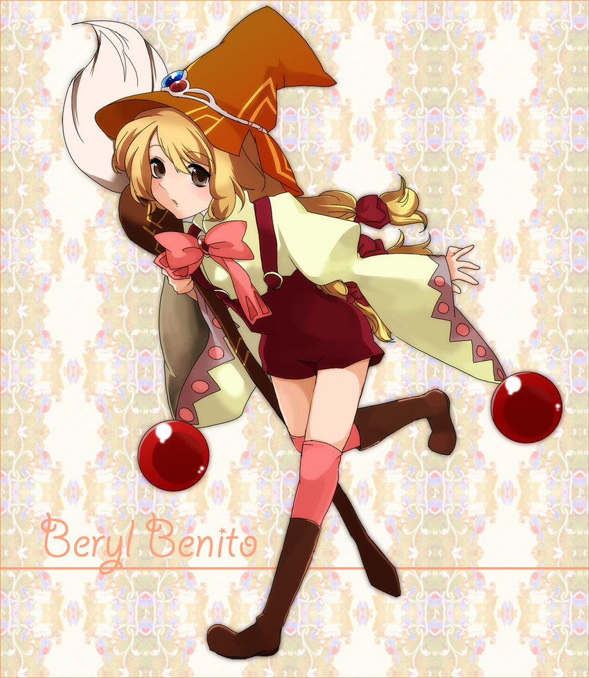 bad_id bad_pixiv_id beryl_benito blonde_hair boots bow brooch brown_eyes character_name full_body hair_ribbon hat highres iseyun jewelry knee_boots kneehighs long_hair paintbrush pink_bow pink_legwear ribbon running shorts solo suspenders tales_of_(series) tales_of_hearts witch_hat yellow_background