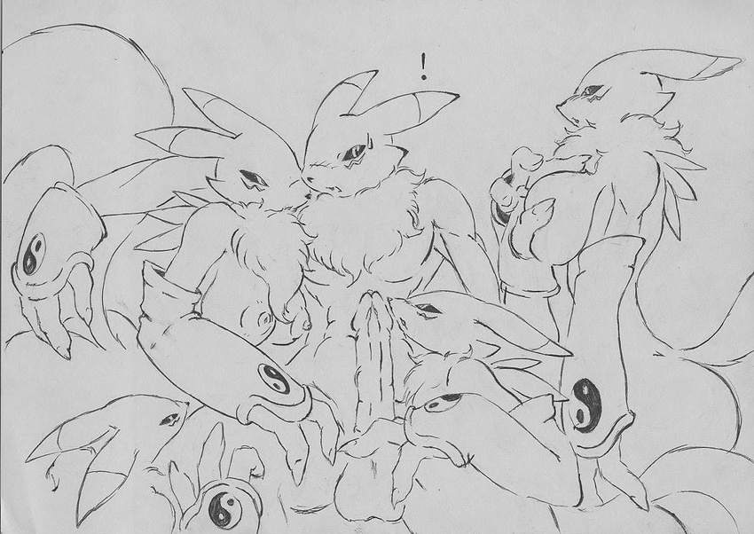 ! breasts canine chest_tuft digimon female fivesome fox male mechogama monochrome orgy penis pussy renamon tail