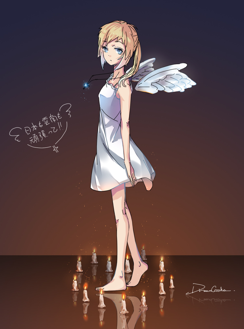 2011_sendai_earthquake_and_tsunami angel barefoot blonde_hair blue_eyes candle dreamcatcher highres original ponytail solo translated wings