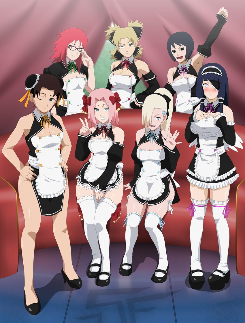 absurdres apron big_breasts black_hair blonde_hair blush breasts brown_hair crossover double_bun dream_c_club eyepatch female flat_chest glasses hands_on_hips haruno_sakura highres hyuuga_hinata karin_(naruto) kurotsuchi kurotsuchi_(naruto) large_breasts long_hair maid maid_apron mary_janes multiple_girls naruto naruto_shippuuden no_panties pink_hair ponytail purple_hair red_hair ribbon shoes short_hair small_breasts stiky_finkaz sunahara_wataru temari tenten yamanaka_ino