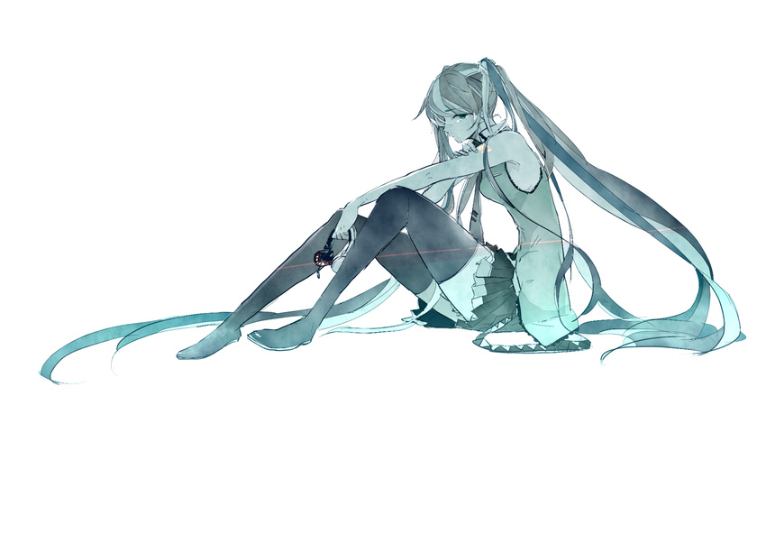 bad_id bad_pixiv_id detached_sleeves gohan_(memetomare) hatsune_miku headphones highres long_hair necktie simple_background sitting skirt solo thighhighs twintails very_long_hair vocaloid