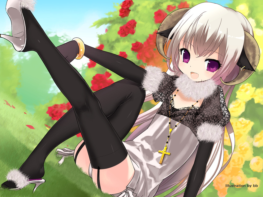 animal_ears horns kuroda_bb panties purple_eyes thighhighs underwear white_hair