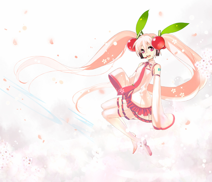 4gb4tb alternate_color alternate_hair_color bad_id bad_pixiv_id cherry cherry_blossoms detached_sleeves food fruit hatsune_miku long_hair necktie petals pink_eyes pink_hair sakura_miku skirt smile solo thighhighs twintails very_long_hair vocaloid zettai_ryouiki