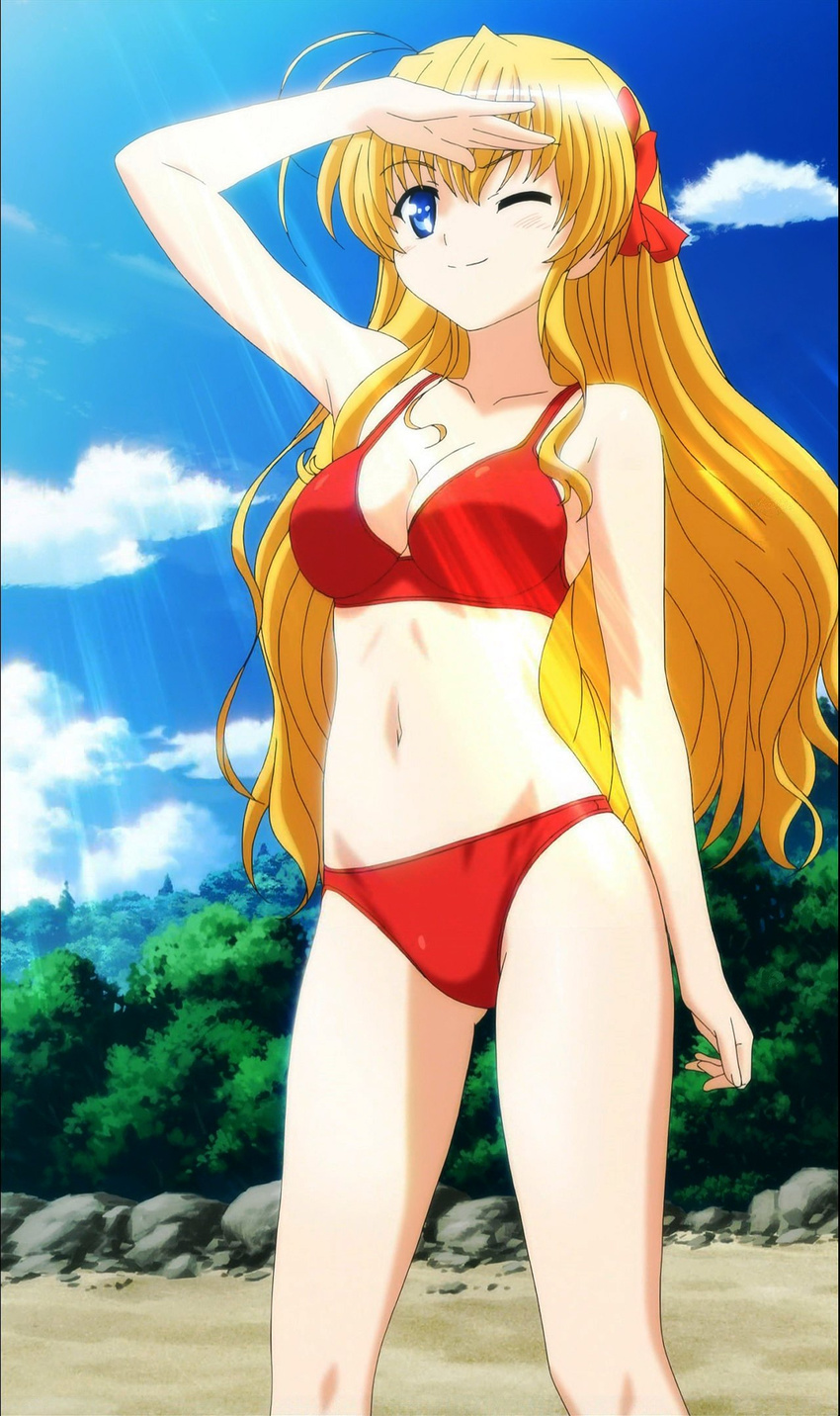 1girl beach bikini blonde_hair blue_eyes breasts cap cleavage cloud collarbone fortune_arterial highres legs light_rays long_hair navel red_bikini ribbon rock sand screencap sendou_erika sky smile solo standing sunbeam sunlight swimsuit tree wink