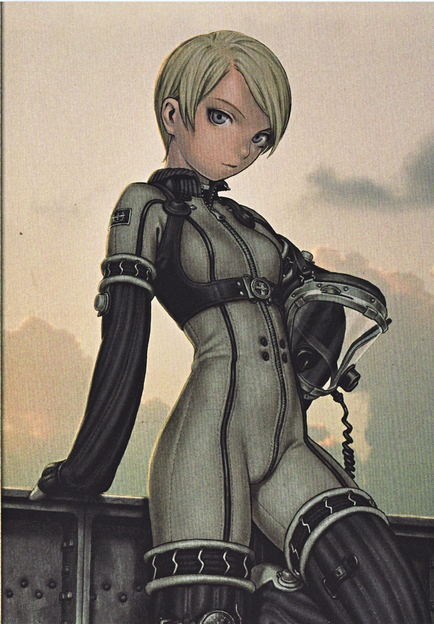 arm_support arm_warmers bangs blonde_hair blue_eyes bodysuit boots breasts cable carrying_under_arm closed_mouth cloud cowboy_shot full-length_zipper grey_bodysuit head_tilt headwear_removed helmet helmet_removed highres holding holding_helmet last_exile leg_up light_smile looking_at_viewer murata_renji muted_color scan short_hair sky small_breasts solo standing standing_on_one_leg steampunk swept_bangs tatiana_wisla thigh_boots thighhighs uniform zipper