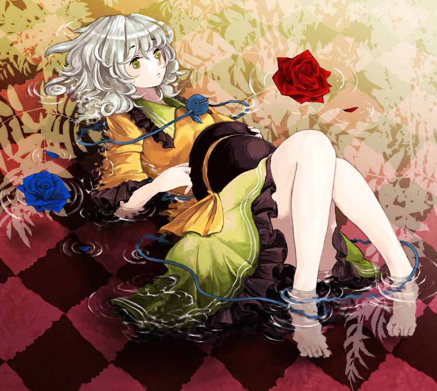 bare_legs barefoot blue_flower blue_rose checkered checkered_floor curly_hair eyeball feet flower green_eyes hat hat_removed headwear_removed holding holding_hat komeiji_koishi lying on_back petals red_flower red_rose rose rose_petals short_hair silver_hair solo third_eye tiles touhou uram water