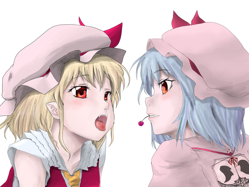 bad_id bad_pixiv_id blonde_hair blue_hair cherry face fangs flandre_scarlet food fruit hat lezt mouth_hold multiple_girls open_mouth orange_eyes pointy_ears profile red_eyes remilia_scarlet siblings sisters touhou