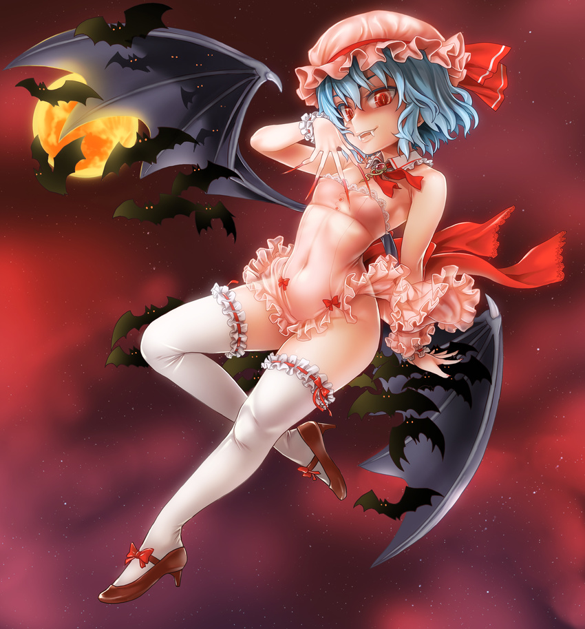 alternate_costume asanagi bare_shoulders bat bat_wings blue_hair bow brooch child covered_navel covered_nipples detached_collar fangs fingernails flat_chest full_moon hat high_heels highres jewelry legs long_fingernails mob_cap moon night red_eyes remilia_scarlet revision ribbon-trimmed_legwear ribbon_trim see-through shoe_bow shoes short_hair sky smile solo star_(sky) starry_sky thighhighs touhou vampire white_legwear wings