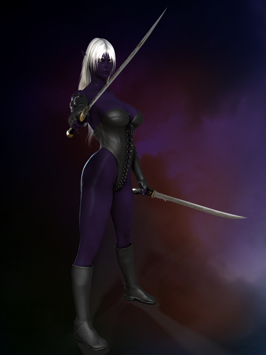 3d armor cgi drow elf female grey_hair purple_skin sahiryr_gemdreamer solo sword warrior weapon