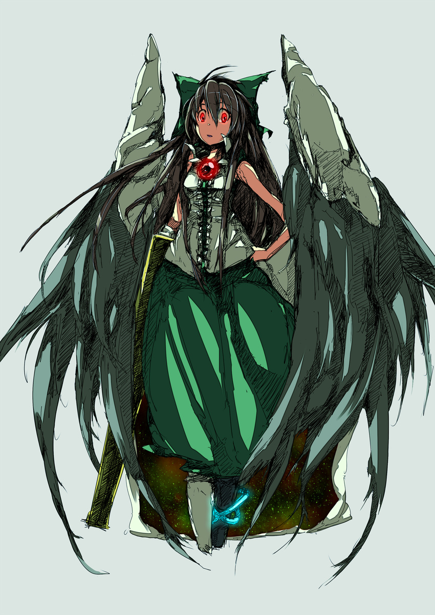 absurdres arm_cannon black_hair bow glowing glowing_eyes hair_bow hand_on_hip highres long_hair page red_eyes reiuji_utsuho solo touhou weapon