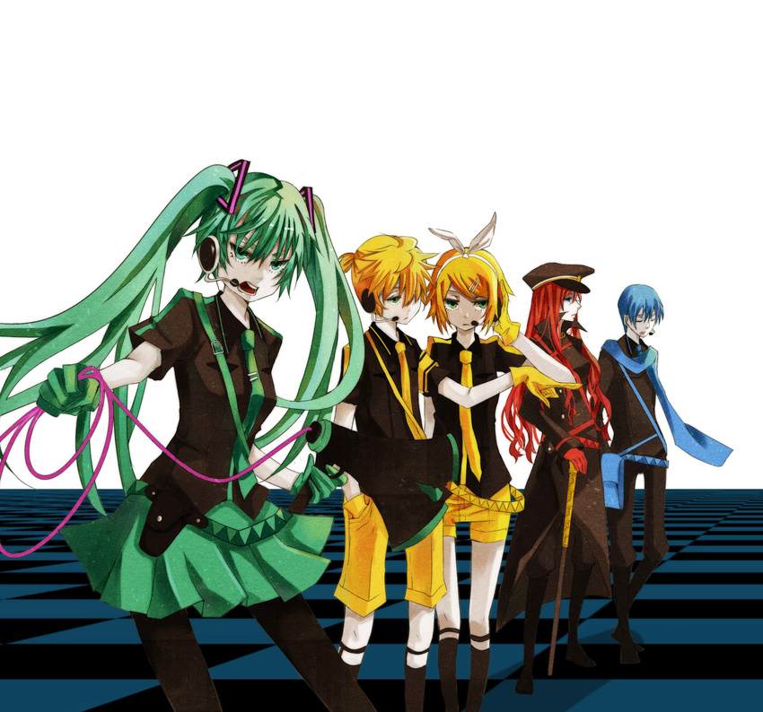 3girls absurdres blonde_hair blue_eyes blue_hair blue_scarf cane checkered checkered_floor closed_eyes fengzao gloves green_eyes green_hair hair_ornament hair_over_one_eye hair_ribbon hairclip hand_in_pocket hat hatsune_miku headphones headset highres kagamine_len kagamine_rin kaito kneehighs koi_wa_sensou_(vocaloid) long_hair megaphone megurine_luka multiple_boys multiple_girls necktie open_mouth pantyhose peaked_cap pointing red_hair ribbon scarf shorts simple_background skirt twintails very_long_hair vocaloid