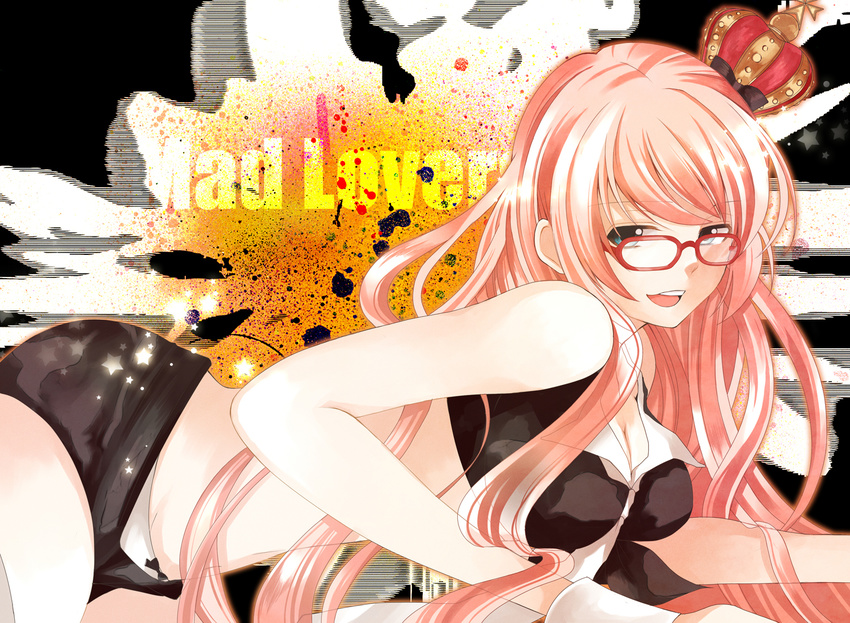 bespectacled blue_eyes crown glasses long_hair lying mad_lovers_(vocaloid) megurine_luka midriff on_stomach pink_hair rinko_(41r) smile solo vocaloid