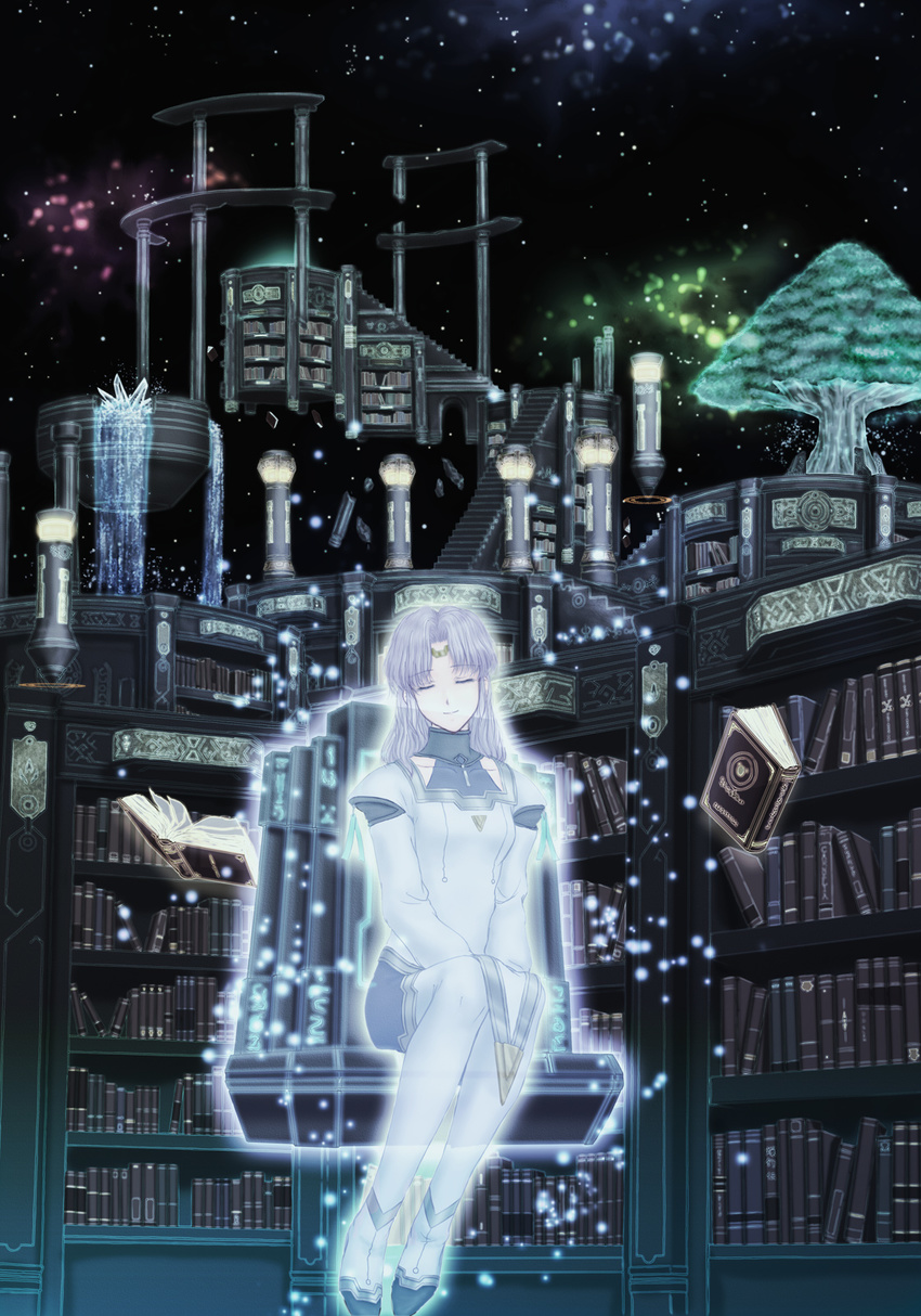 book bookshelf chair closed_eyes glowing glowing_eyes highres library night night_sky ntake_toukasaien sitting sky smile solo stairs star_(sky) starry_sky surreal tree