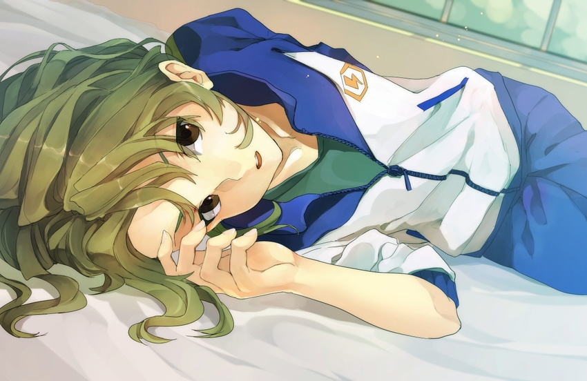 bad_id bad_pixiv_id brown_eyes bunkyo_takemi green_hair inazuma_eleven inazuma_eleven_(series) long_hair lying male_focus midorikawa_ryuuji solo track_suit