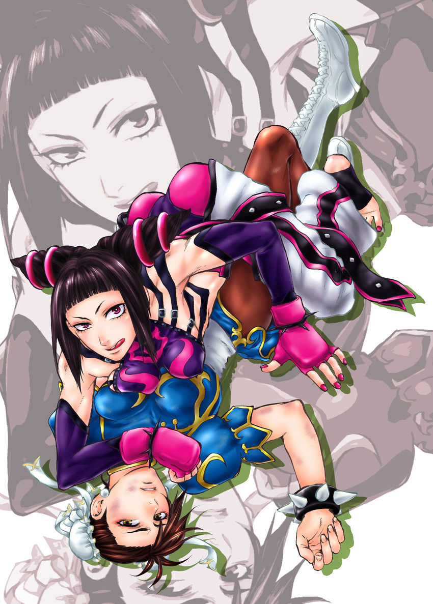 :q absurdres ass bad_id bad_pixiv_id baggy_pants bangs bare_shoulders barefoot belt black_hair boots bracelet breast_press breasts brown_eyes brown_hair bruise bun_cover chun-li defeat detached_sleeves double_bun dudou f-15jrs feet fighting fingerless_gloves gloves good_guys_win han_juri highres injury jewelry medium_breasts midriff multiple_girls nail_polish pants pantyhose pinned purple_eyes short_hair street_fighter street_fighter_iv_(series) thighs tongue tongue_out yuri zoom_layer
