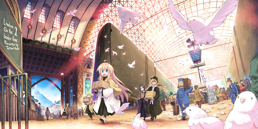 6+girls :d ahoge animal_ears artist_name banner bench bird blonde_hair blue_eyes brown_eyes carrying crowd dove english frown ground_vehicle hat kyoukai_senjou_no_rinbo long_jacket looking_at_viewer loudspeaker luggage multiple_boys multiple_girls open_mouth original purple_hair shaded_face sign sitting skylight smile suitcase sunlight tail tottori train train_attendant train_station vanishing_point
