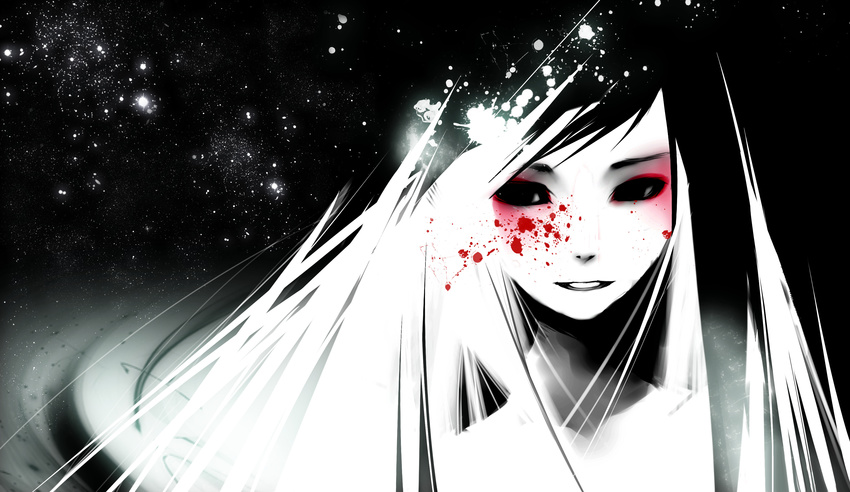 absurdres artist_request blood blood_splatter copyright_request eyeshadow face highres light_smile makeup monochrome pale_skin solo source_request spot_color white_hair