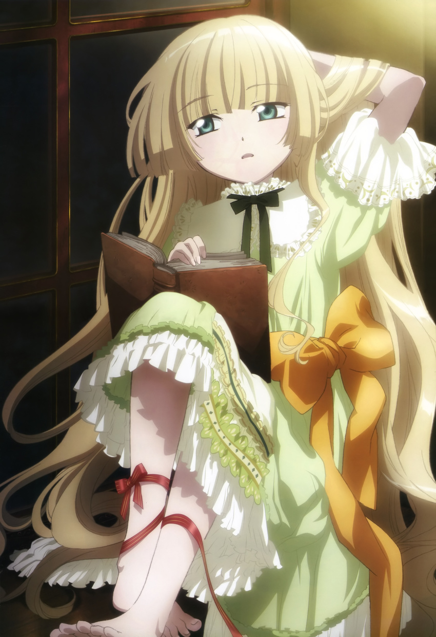 absurdres arm_behind_head arm_up barefoot blonde_hair book dress feet frilled_dress frills gosick green_eyes hand_behind_head highres kazui_hiroko long_hair looking_away nyantype official_art open_book ribbon scan sitting solo toes very_long_hair victorica_de_blois